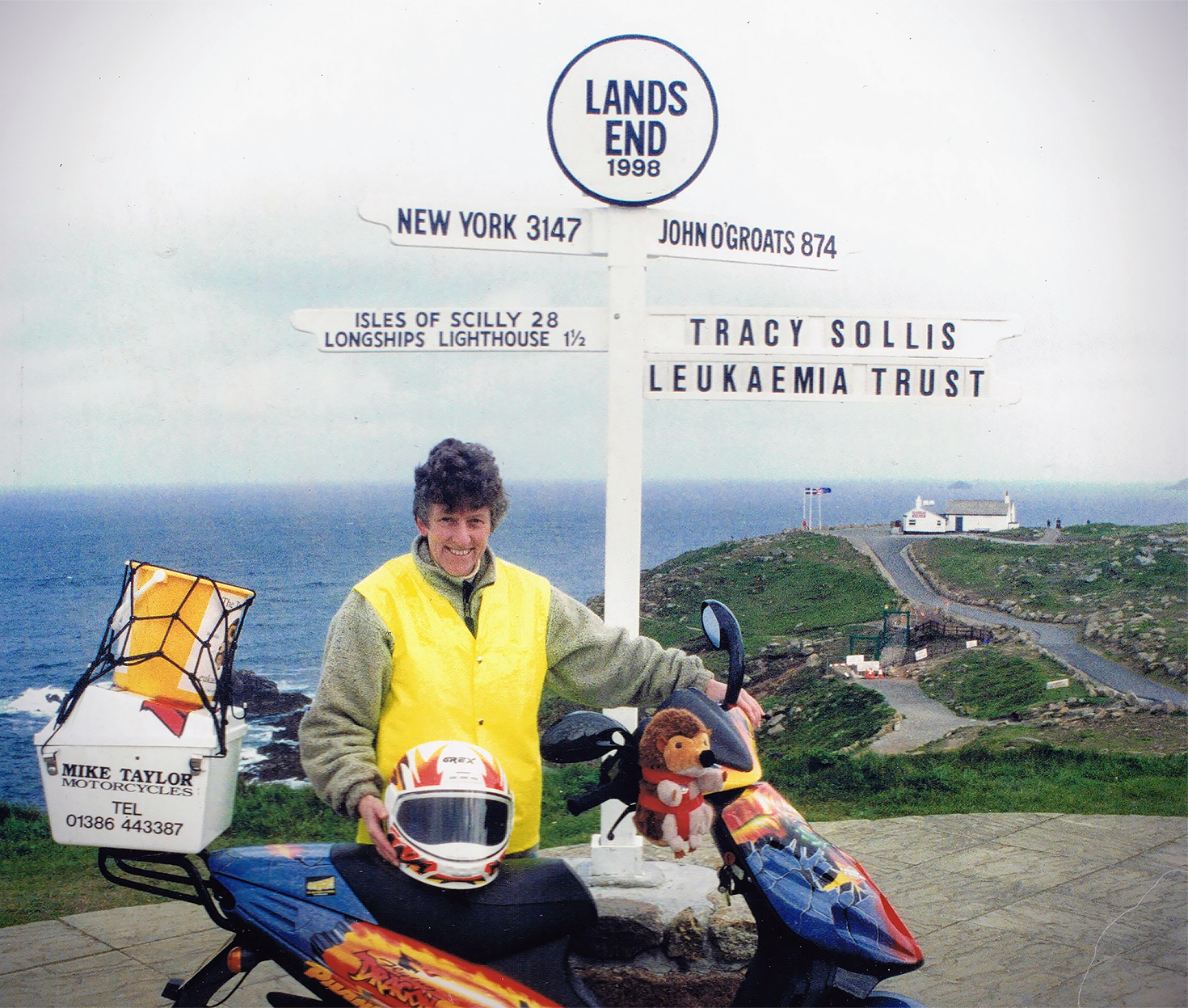 Sue Sollis at Lands End with Harry Hedgehog